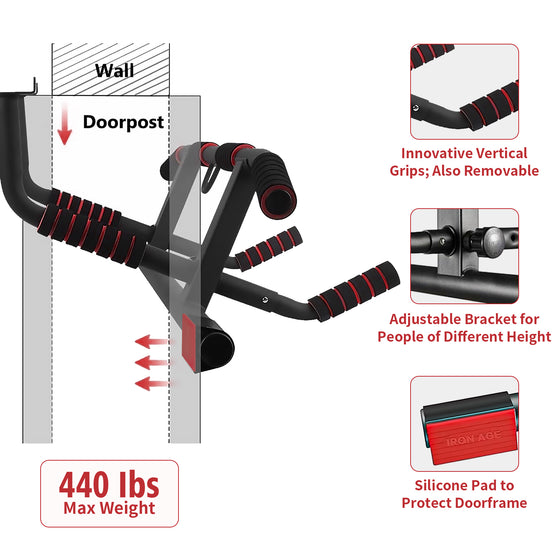 IRON AGE Pull Up Bar For Doorway - Pullupbar With Enhanced Smart Hook Angled Grip Home Gym Exercise Equipment US Patent (Fits Almost All Doors)